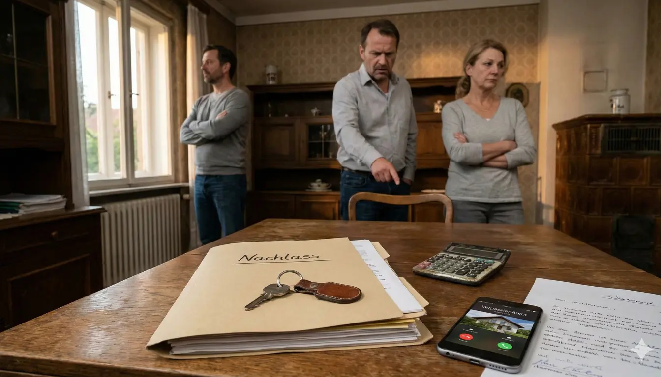 Erbstreit um Nachlass: Akte „Nachlass“ mit Schlüsseln auf dem Tisch, drei Angehörige im Konflikt.